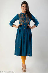 Embroidered rayon kurti, three-quarter sleeves, JANAKNANDINI CRAFTS. Soft rayon fabric perfect for all seasons, India origin